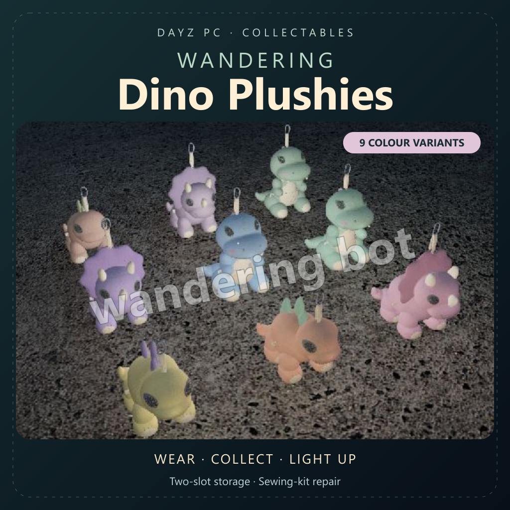 The nine Wandering Dino Plushies together
