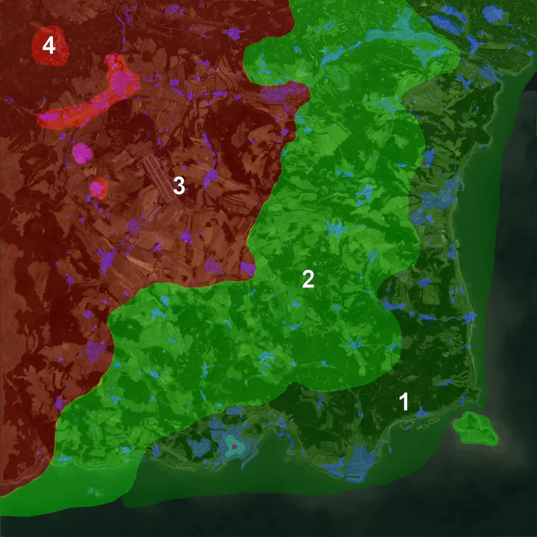 Chernarus loot tier map showing Tier 1 on the south-east coast, Tier 2 inland, Tier 3 in the west and Tier 4 in the far north-west.