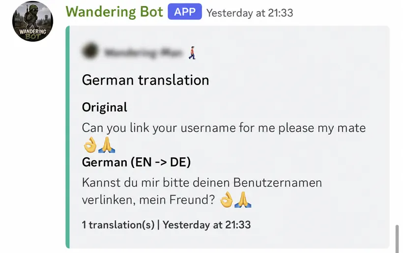English to German Discord translation example